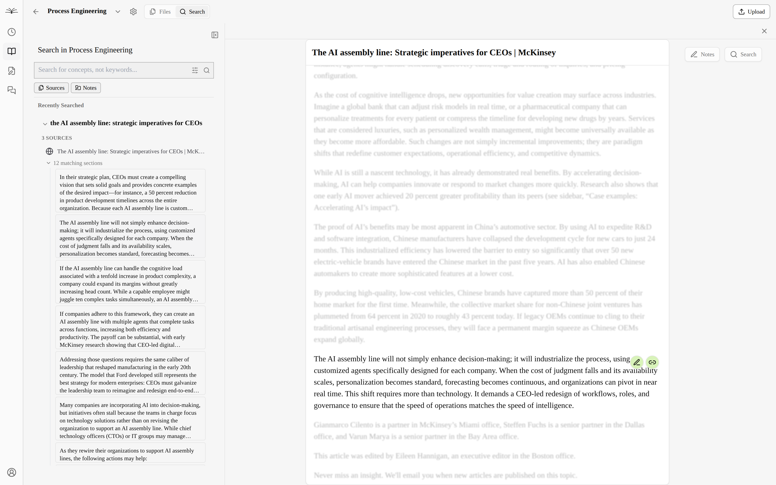 A search in the workspace: a result fragment clicked open in its source on the right, the matched passage lit while the surrounding text dims